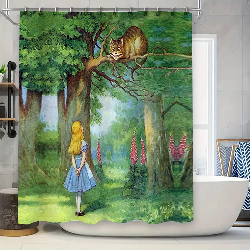 Alice in Wonderland Shower Curtain Vintage Floral Forest Backdrop Van Gogh Style Home Decor Bathroom Curtains Artistic Wall Hang