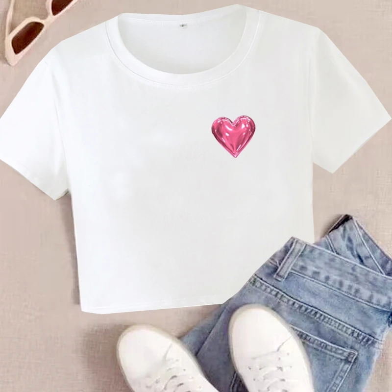 Shiny Pink Heart Print Cropped Tops Y2k T-Shirt Women Contrast Patchwork Short Sleeve O Neck Baby Tees Sexy Kawaii Cute Clothes image 2