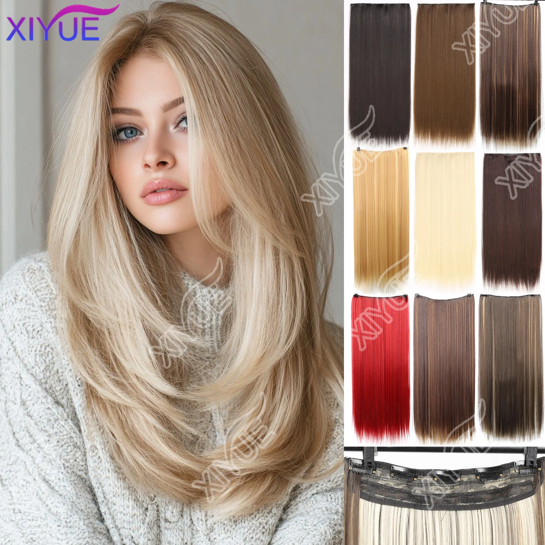 XIYUE Synthetic 5-Clip One Piece Invisible Hair Extensions Long Straight 24Inch Heat Resistant Hairpiece for Women