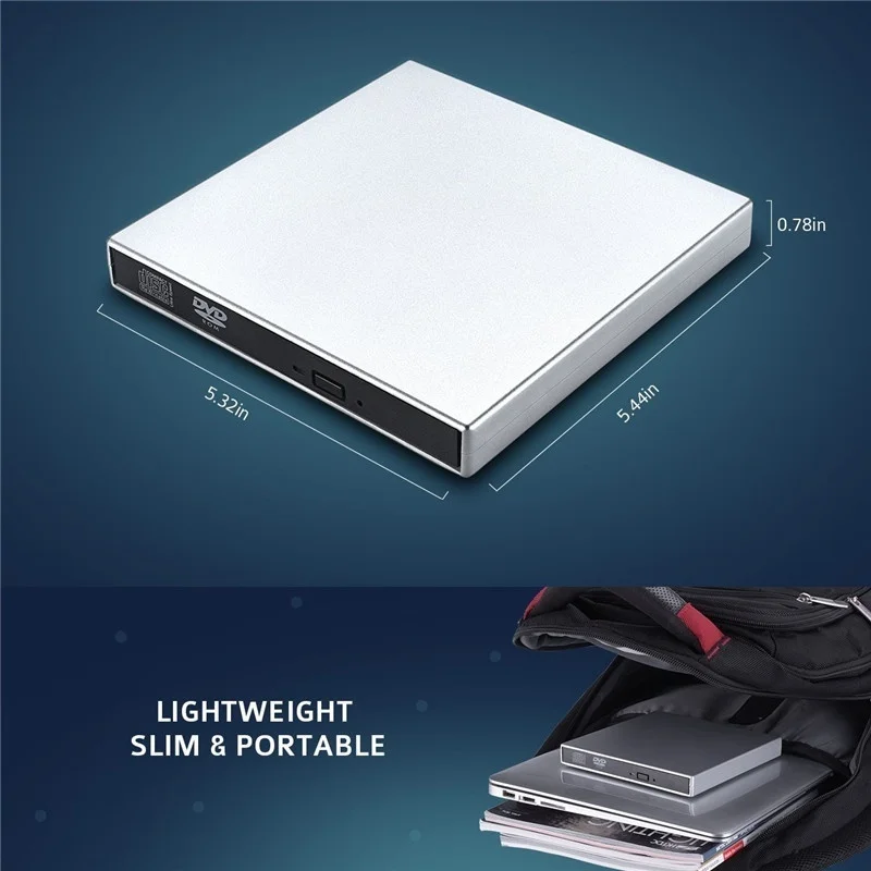 مشغل قارئ أقراص DVD خارجي USB مع كابلين USB للكمبيوتر المحمول Windows Mac