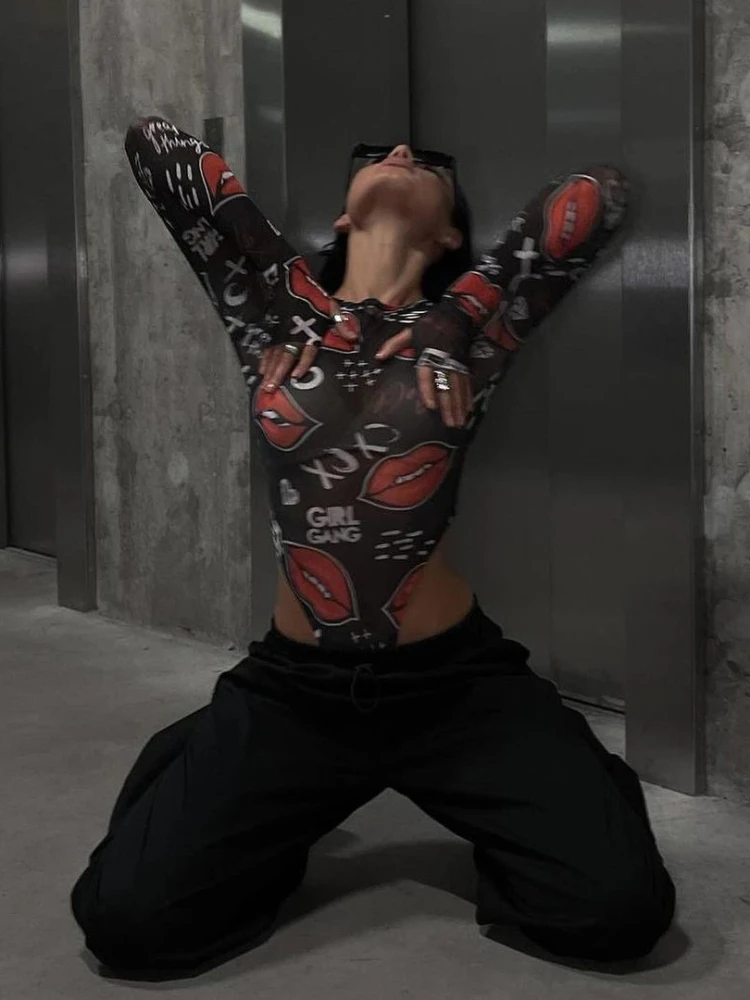 ملابس داخلية نسائية مثيرة ملابس ضيقة شفافة بأكمام طويلة بدلة قفز عصرية مطبوعة على الطراز القوطي ملابس خروج #4