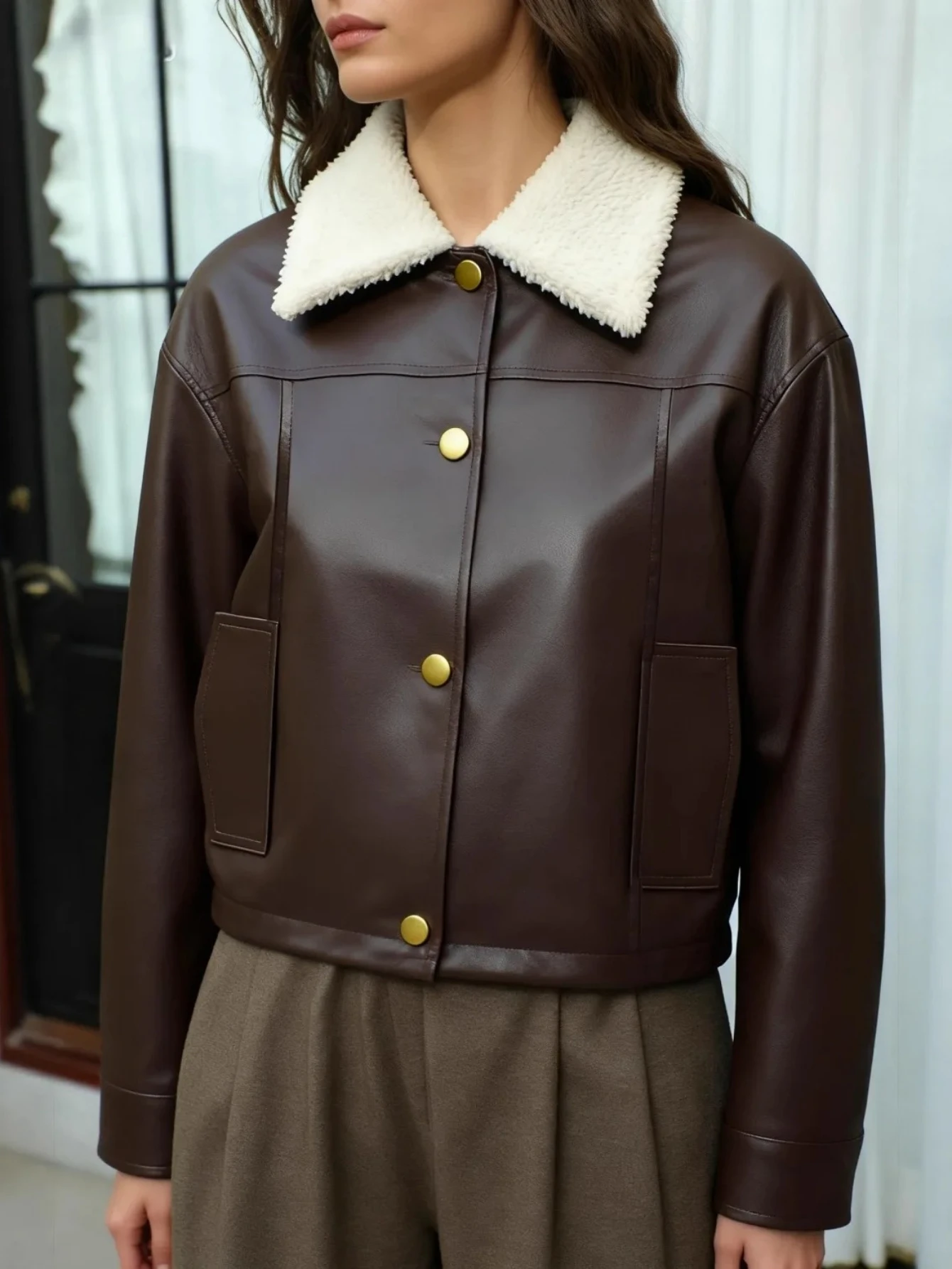 

Jacket Women's Winter Loose Fashion Fleece Lined Thickened Short Motorcycle Jacket with Collar