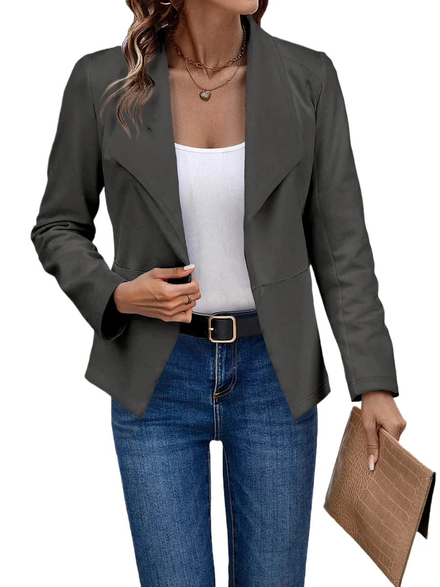 Women Casual Blazer Long Sleeve Lapel Work Suit Jacket Office Lady Elegant Solid Color Open Front Slim Coat Autumn Outerwear