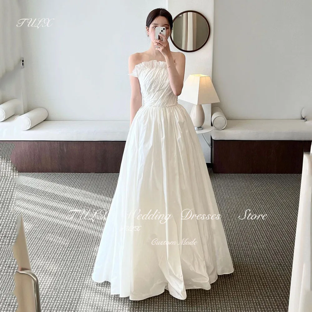 

TULX Simple Strapless Taffeta Crimping Wedding Dresses Strapless Bride Gowns Floor Length Korea Photoshoot Formal Party Dress