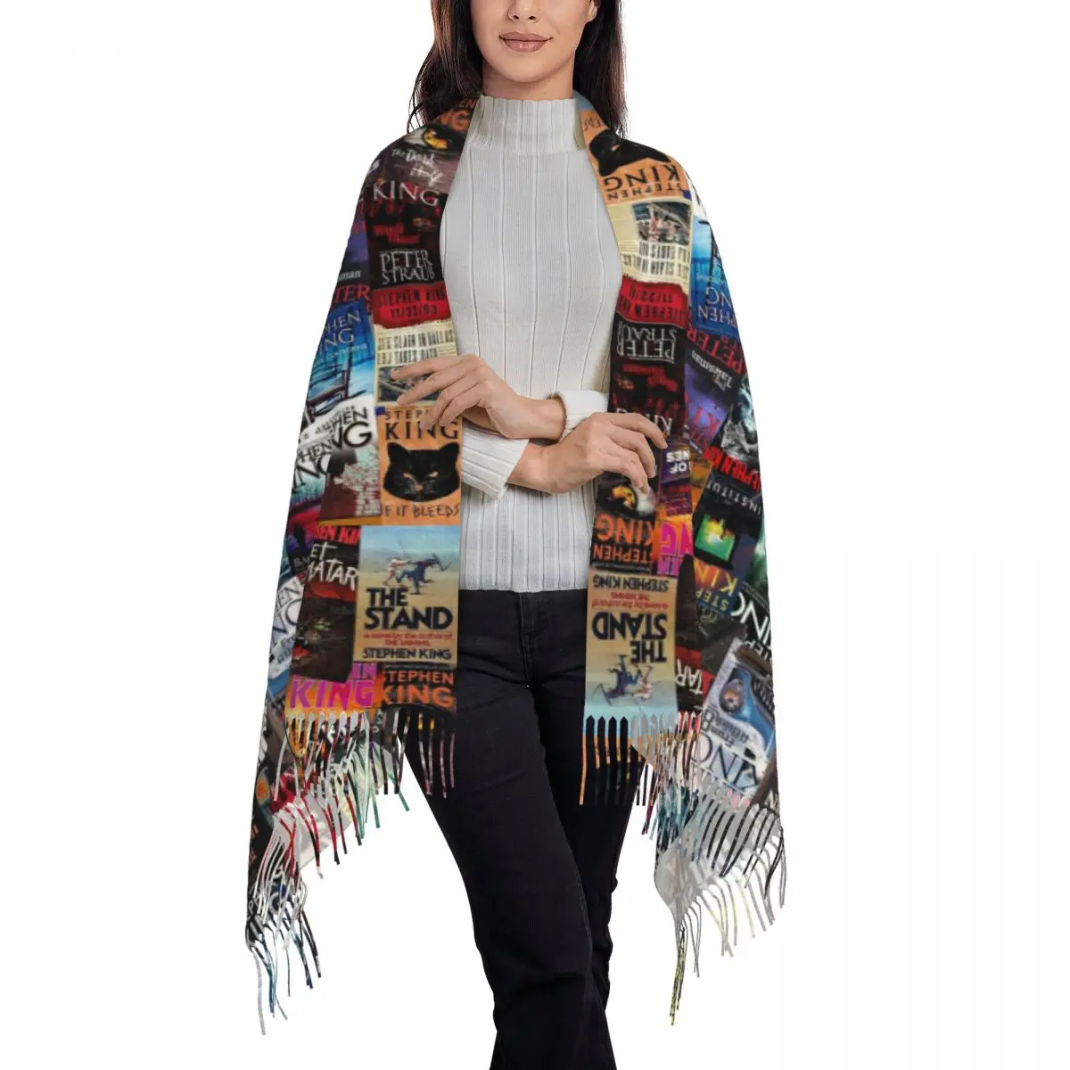 Stephen King Book Covers Horror Bookworm Scarf Tassel Scarves for Women Soft Warm Shawls and Wraps Long Fall Winter Shawl Wrap