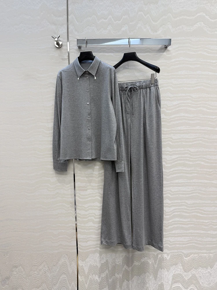 Spring Summer Fashion Grey Simplicity Trousers Suit Women's Turn-down Collar Nail Bead Shirt + Drawstring Waist Wide Leg Pants