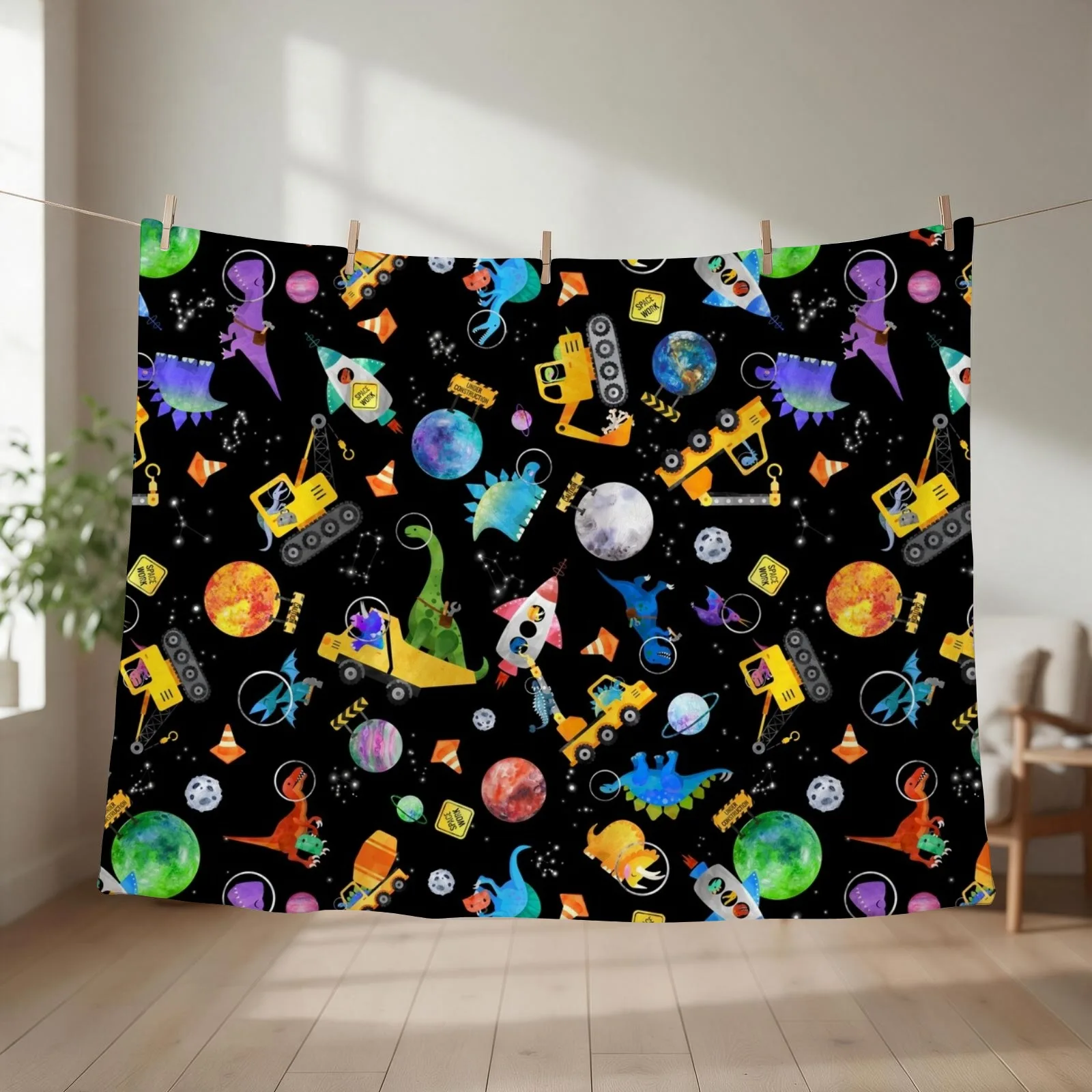 Dinosaur Space Crew Construction Vehicles Throw Blanket couch cozy soft plush fuzzy picnic outdoor blanket