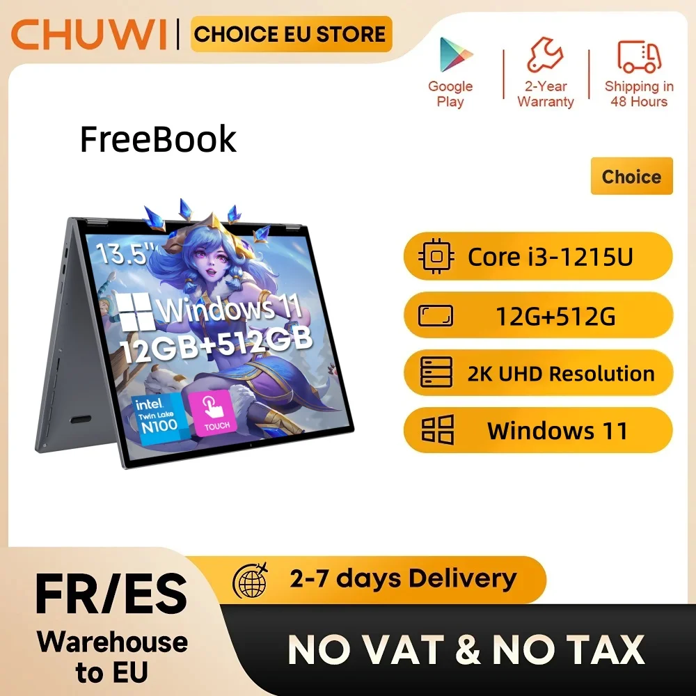 Ordinateur portable 2-en-1 CHUWI FreeBook, Intel Core i3-1215U, écran tactile 13,5'' 2,5K, 12 Go de RAM LPDDR5, SSD 512 Go, WiFi 6, BT 5.2, ordinateur portable pratique pour le bureau