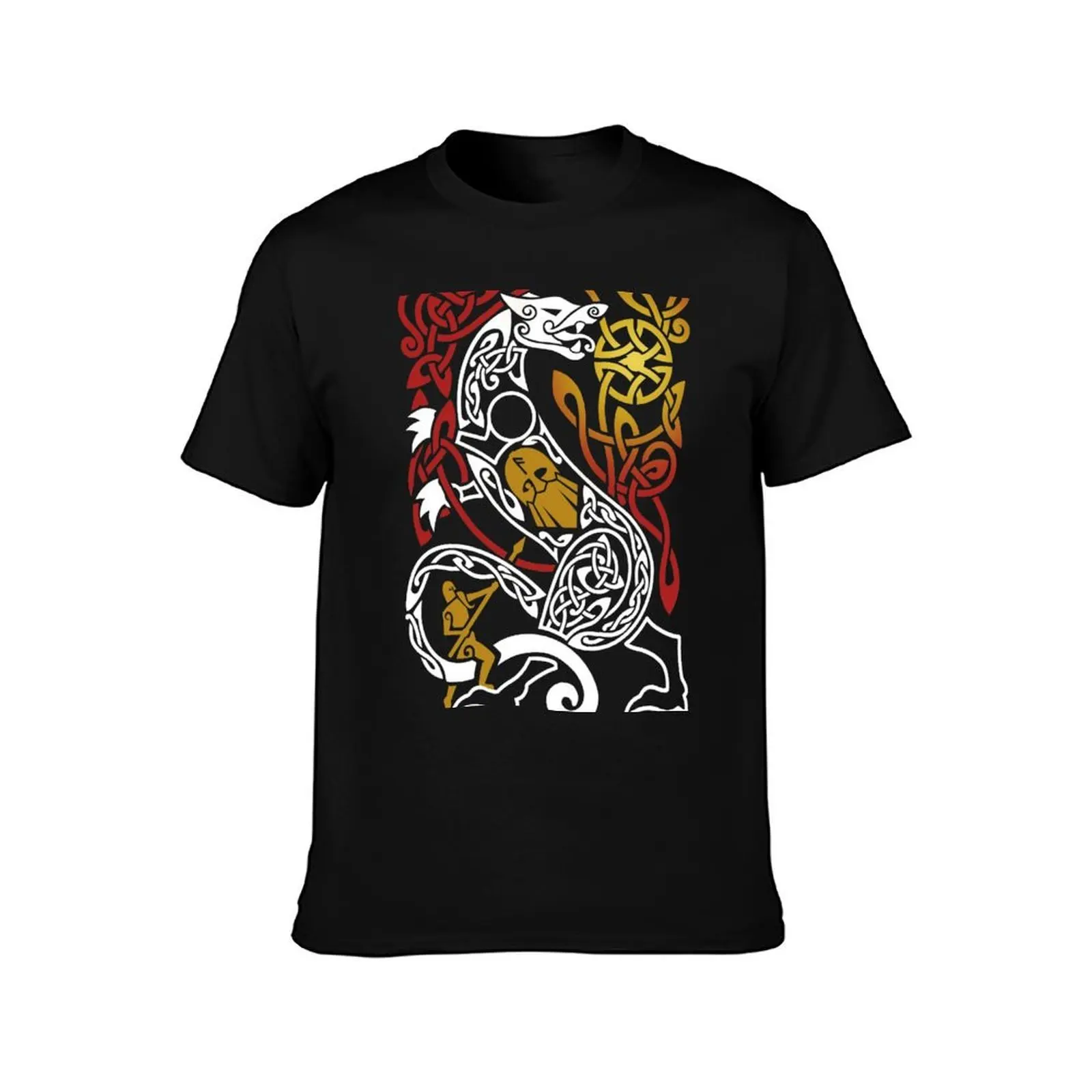 Fenrir at Ragnarok Norse Mythology Knotwork Coloured T-Shirt Basic Simple Design Short Sleeve Shirt