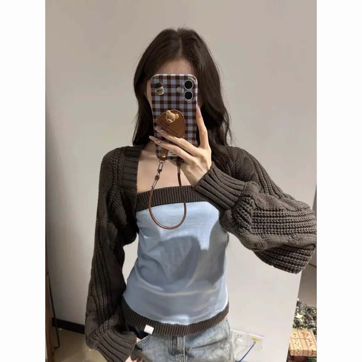 Maillard Retro Contrasting Color Slim-fitting Tube Top Women's Autumn Outer Knitted Long-sleeved Blouse Top Two-piece Set