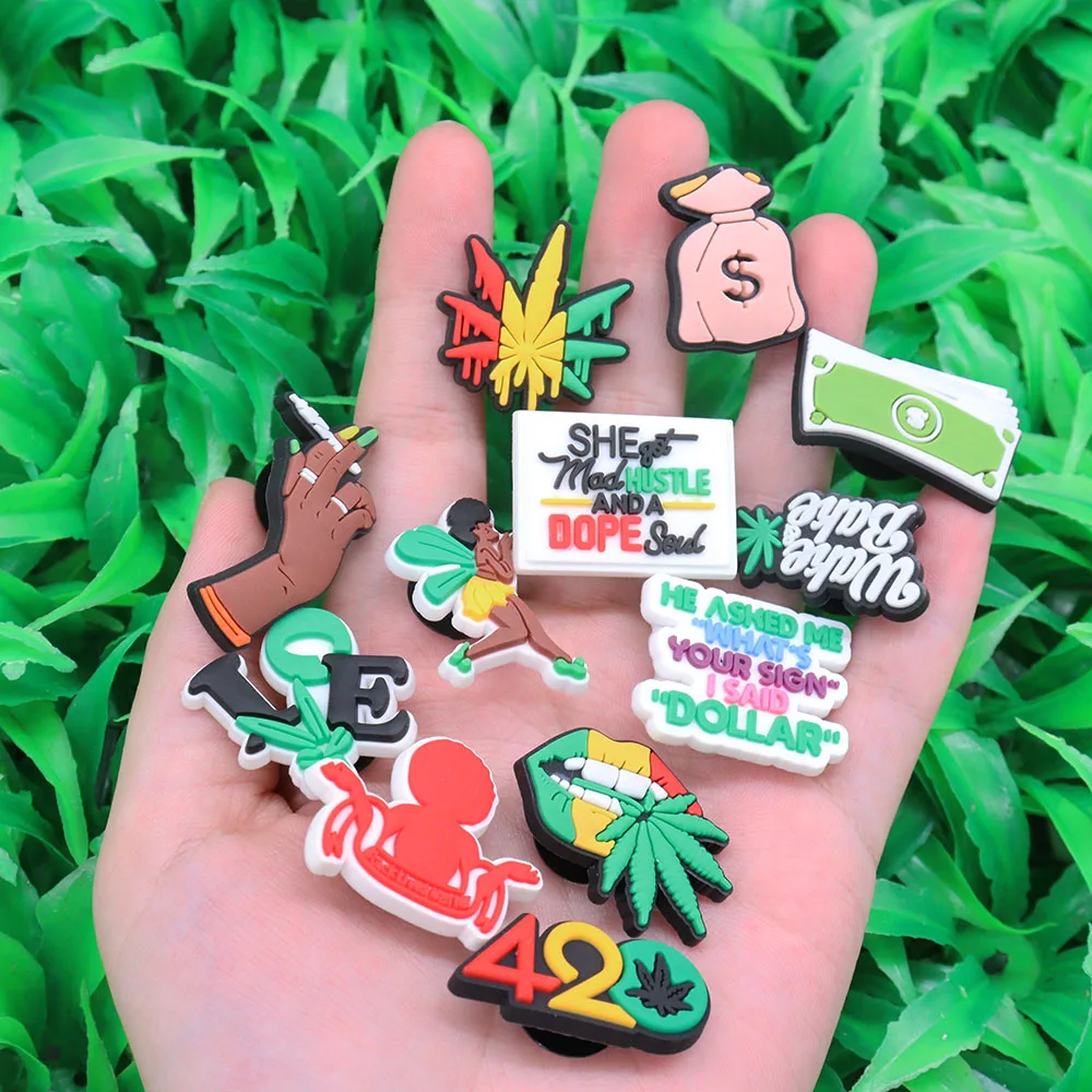 1-24Pcs PVC Shoe Charms Tanker Weed Life Hand Woman Love Lips Money Coffee Buckle Clog Hole Slipper Accessories Decorations image 3