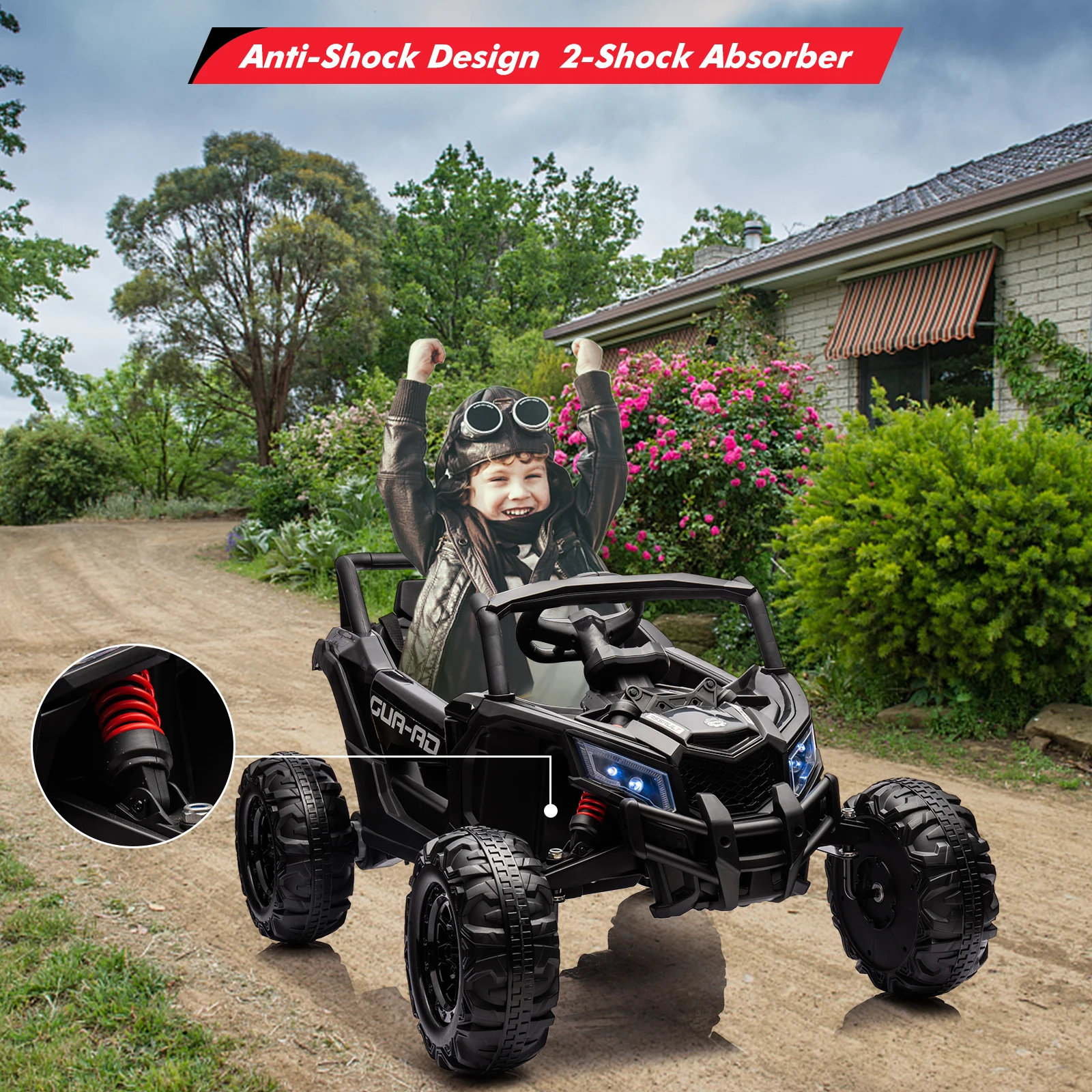 Ride on Car, Voiture UTV électrique tout-terrain à batterie 24 V avec télécommande, moteur 200 W, suspension à ressort, musique, lumières LED