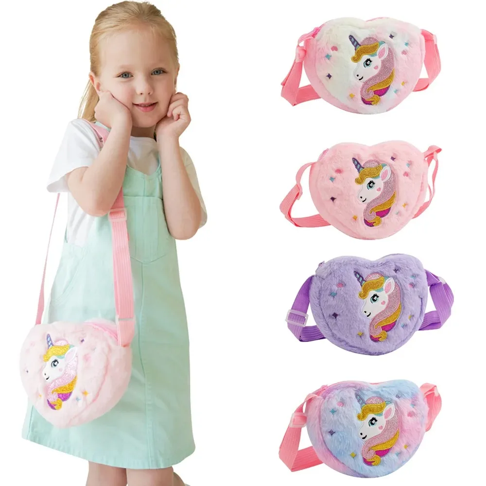 Children's Heart Shaped Unicorn Cartoon Shoulder Bag Plush Love Crossbody Bag Kindergarten Girls Candy Storage Bag