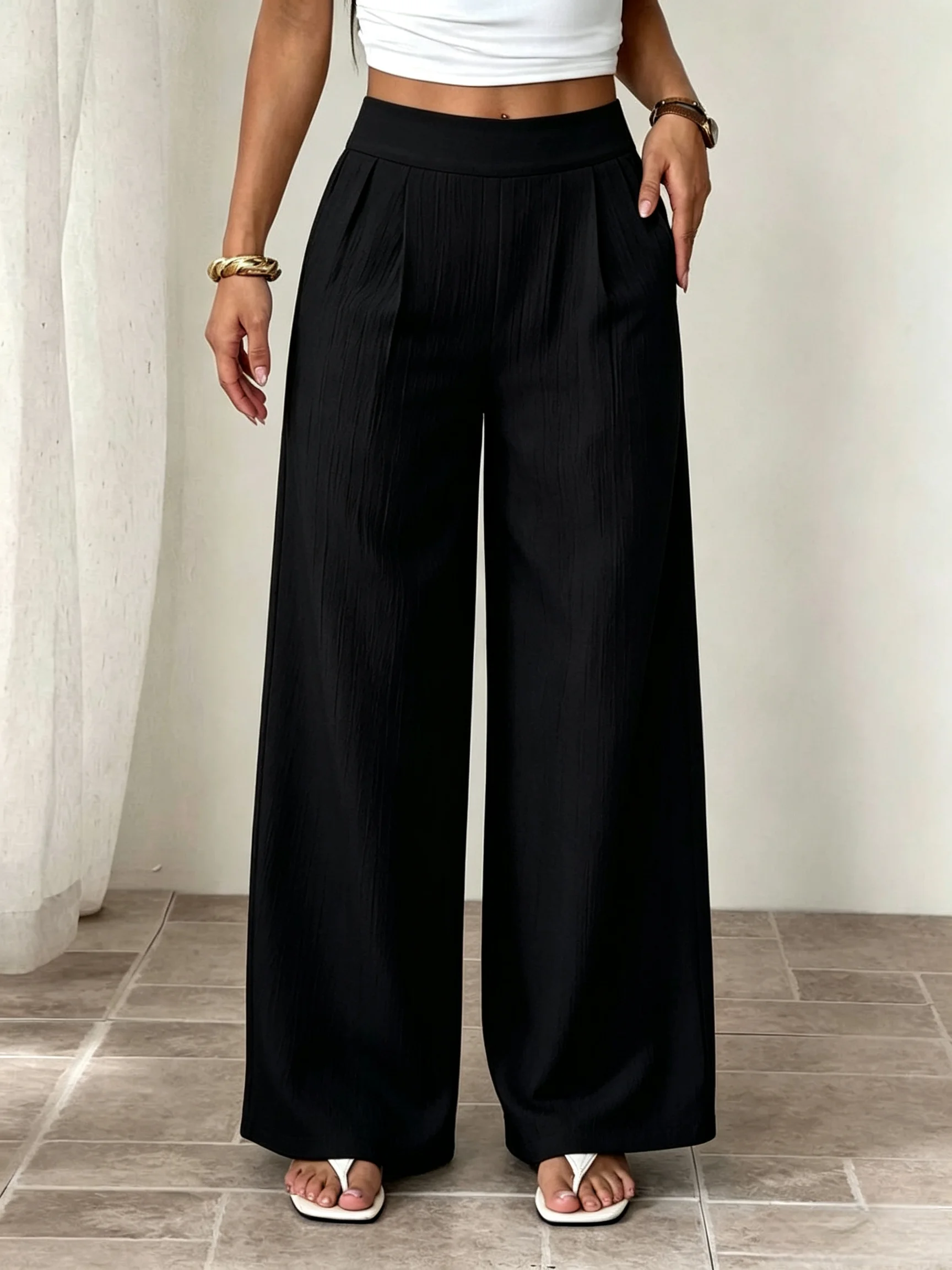 Women's High Waist Textured Wide Leg Pants Elastic Waist Loose Casual Trousers