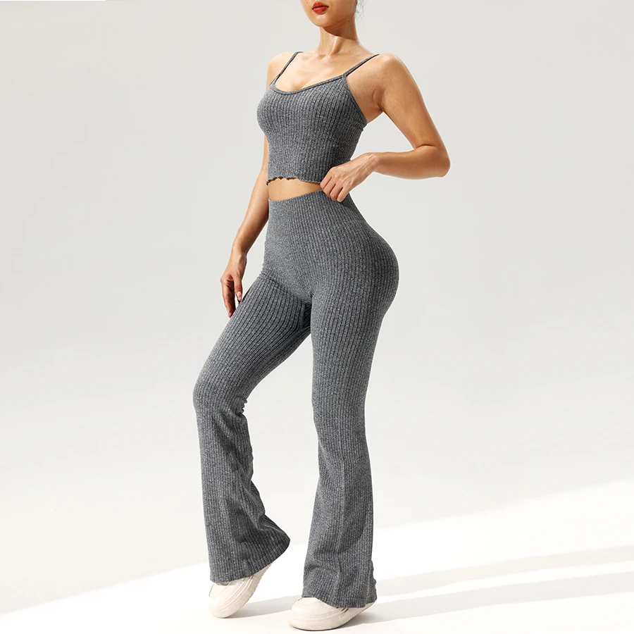 2pcs/set Seamless Flared Pants Ribbed Tank Top Outfit Women Gym Yoga Clothes Flared Trousers Vest Set Sexy for Clubs Date Nights
