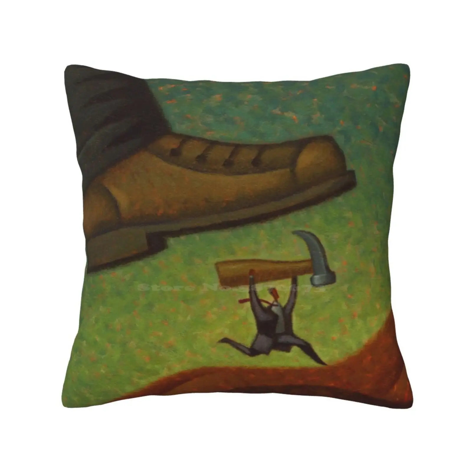 The Fix Is In Pillow Cover Hug Pillowcase Conceptual Hope Acrylic Painting Giant Hammer Tool David Vs Goliath Underdog Shoe Fix