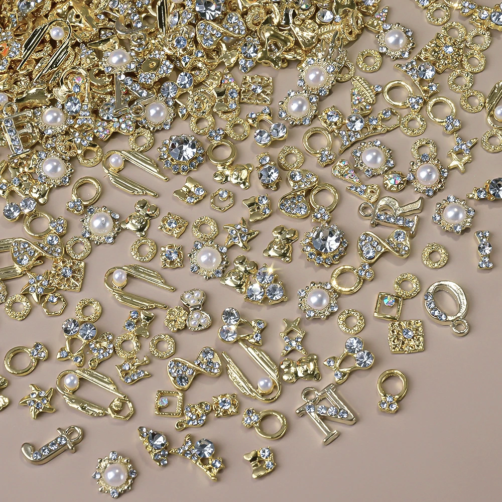 50pcs 3D Luxury Exquisite Japanese Korea Alloy Nail Art Charms Kawaii Bow Pearl Jewelry Nail Rhinestone Decoration DIY Accessory
