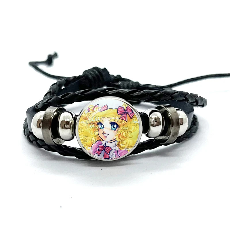 Anime Manga Candy Pattern Leather Bracelets Glass Dome Snap Button Bracelet & Bangles Fashion Women Men Jewelry