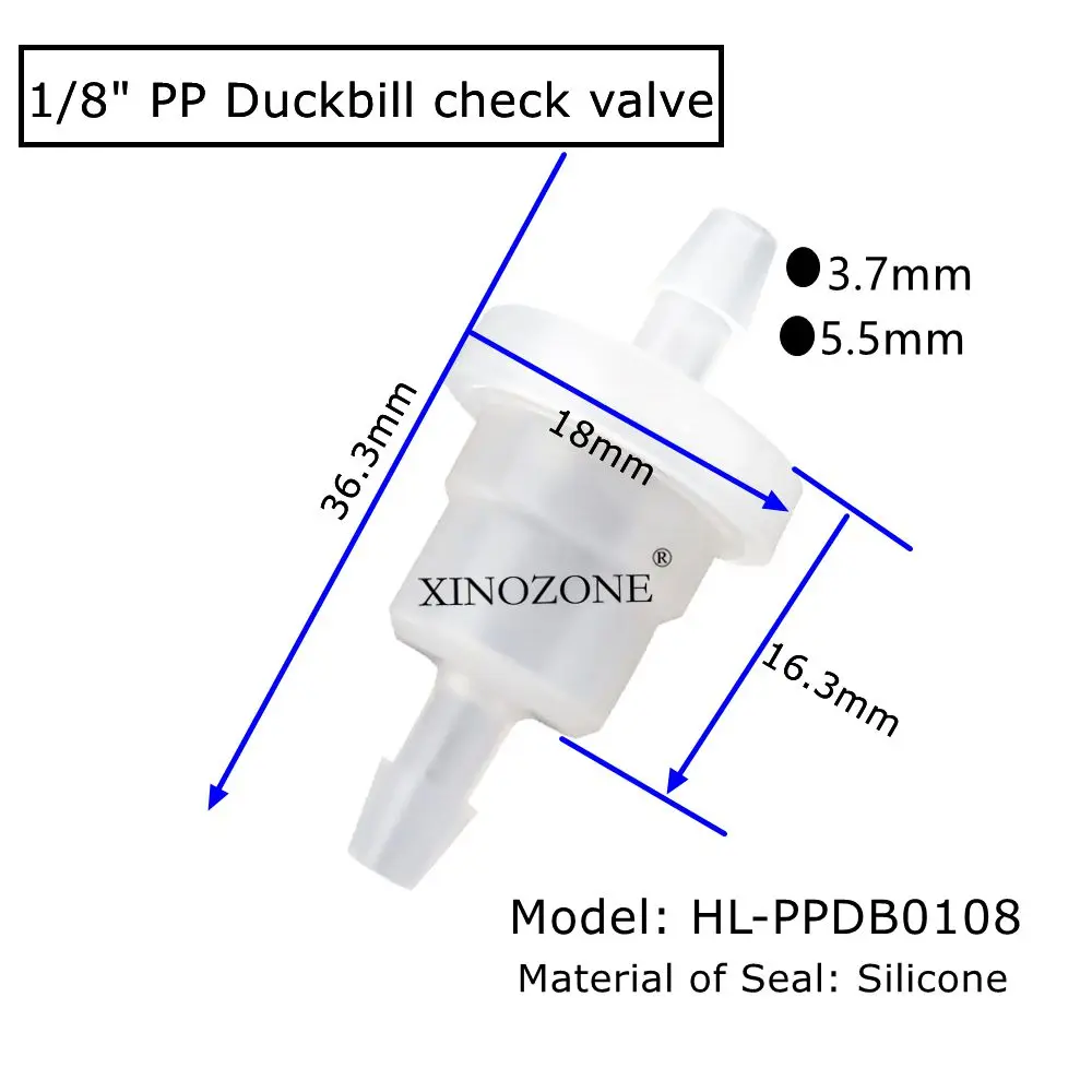 XINOZONE-Duckbill Válvula PP, não Retornar diafragma Conector, 3.2mm, Válvula PVDF, 1/8 ", 3/16"