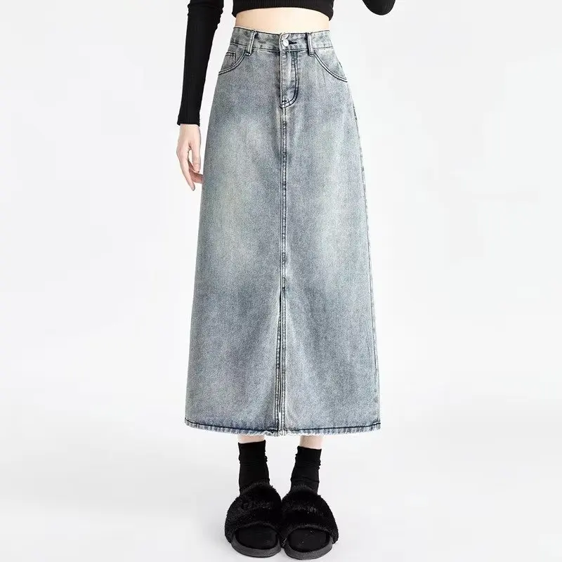 Korean Style Denim Skirt Women\'s Retro Blue High Waist Long A-line Skirt Design Sense Niche Long Skirt