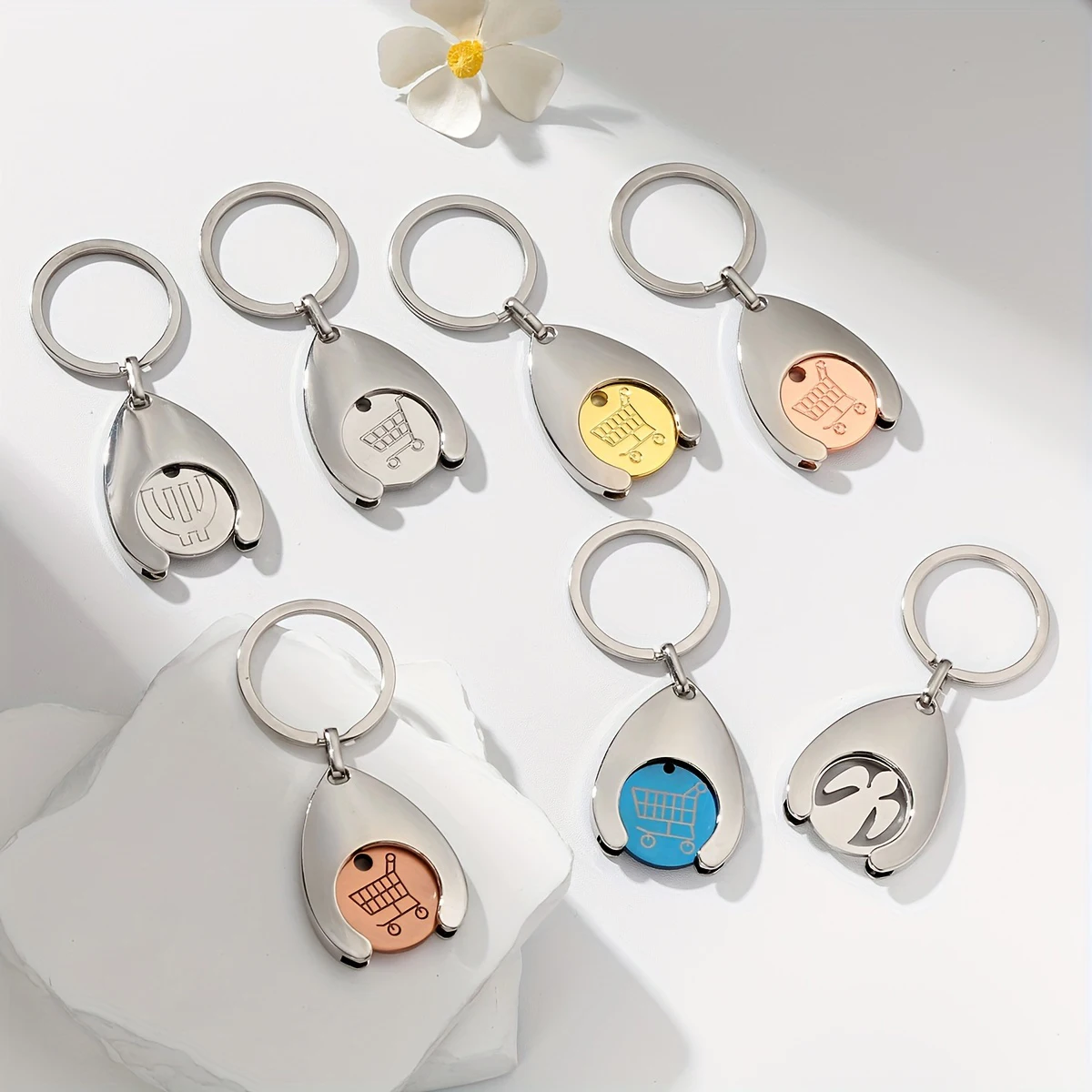 1pc, Trolley Shopping Cart, Angel Glossy Car Keychain, Metal Token Keychain, Small Gift Shopping Cart, Pendant