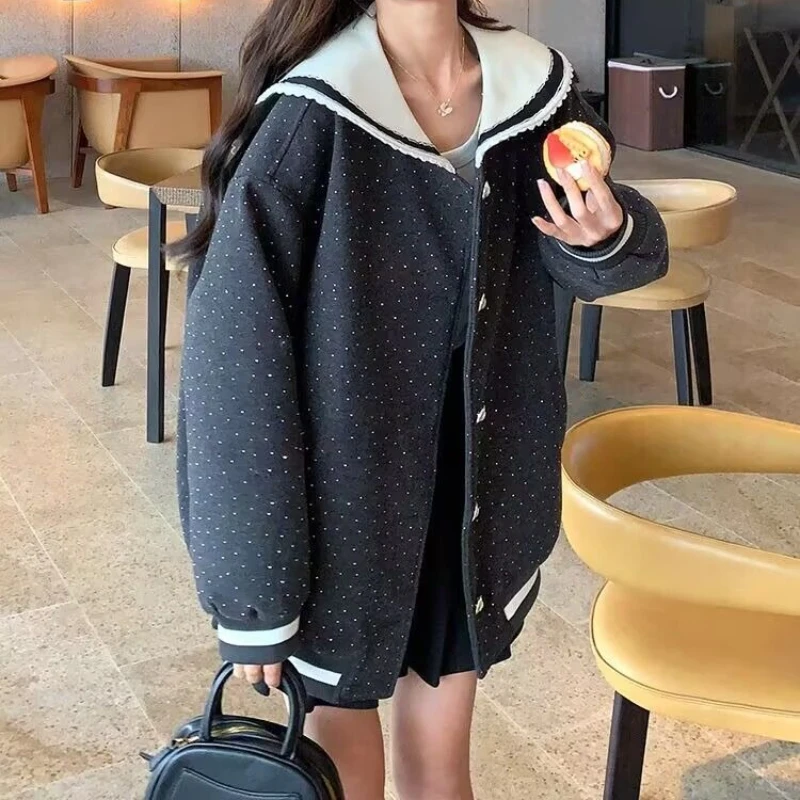 

Navy Leading Wave Point Baseball Jacket Women's 2025 New College Style Loose Top