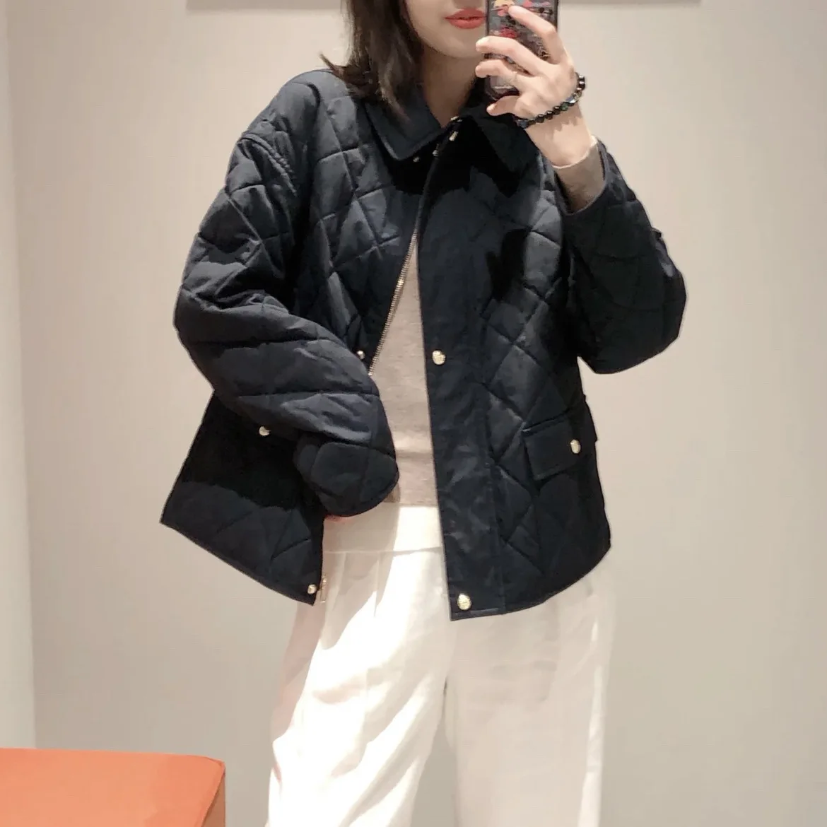 

Silk cotton gabardine jacket cotton clothes women's autumn and winter new products simple rhombus quilted short coat