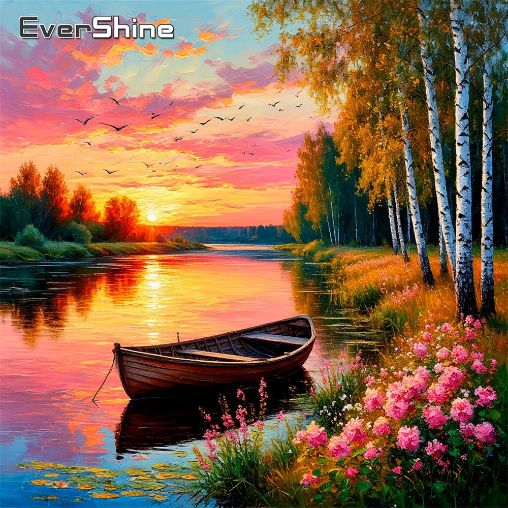 Evershine 5D Diamant-Mosaik Landschaftsbild mit Vollbesatz Sonnenuntergangsbild aus Strass-Stickerei Baum Heimdekoration