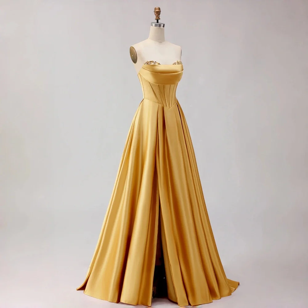 Gold Satin Paneled Beads And Sequins A Line Maxi Evening Dress Sweetheart Prom Gown For Wedding Formal Party Dress 2026 New
