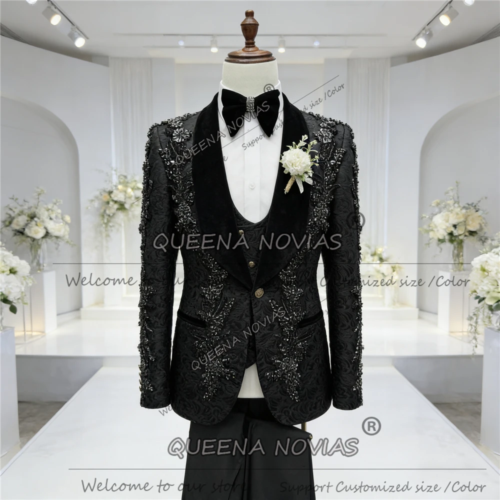 

Fashion Beaded Embroidered Groom Wedding Tuxedos Customized Jacket Pants 2 Piece Set Suit Attire For Men Plus Size Prom Blazers