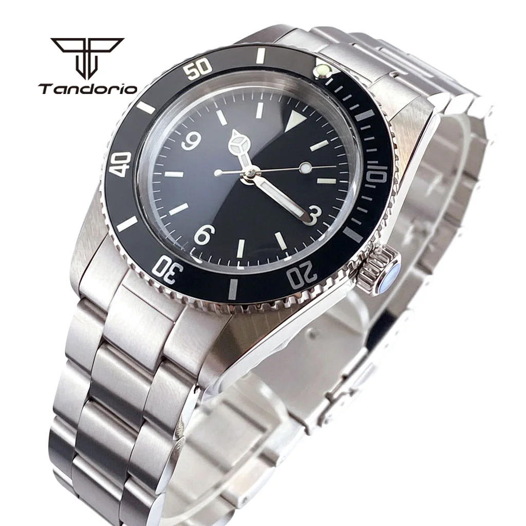 Tandorio Stainless Steel 38mm Mechanical Domed Sapphire Men's Watch NH35/PT5000 Diving Wristwatch Sterile Waterproof Luminous