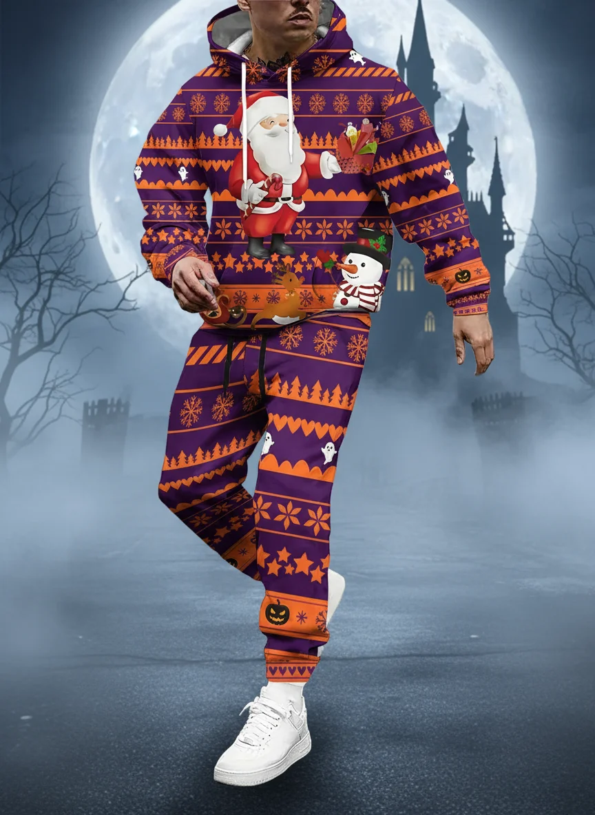 

Autumn Christmas Element Men's Hoodies Pants Suit 3D Santa Claus Printing Two Pieces Tracksuit Casual Fashion Sports Joggers Set
