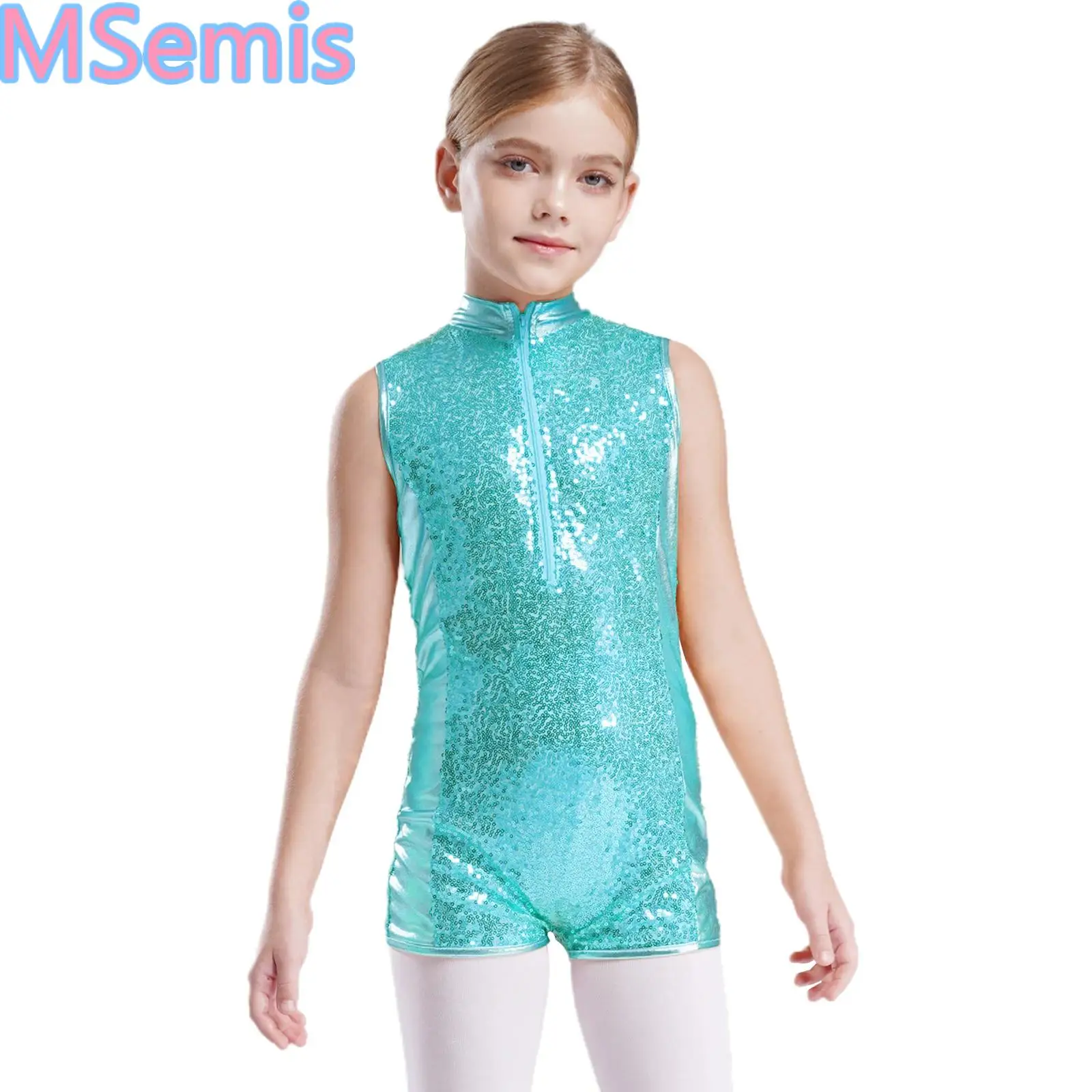 

Kids Girls Sequins Gymnastics Leotard Zipper Stand Collar Sleeveless Sparkly Patchwork Performance Jumpsuit