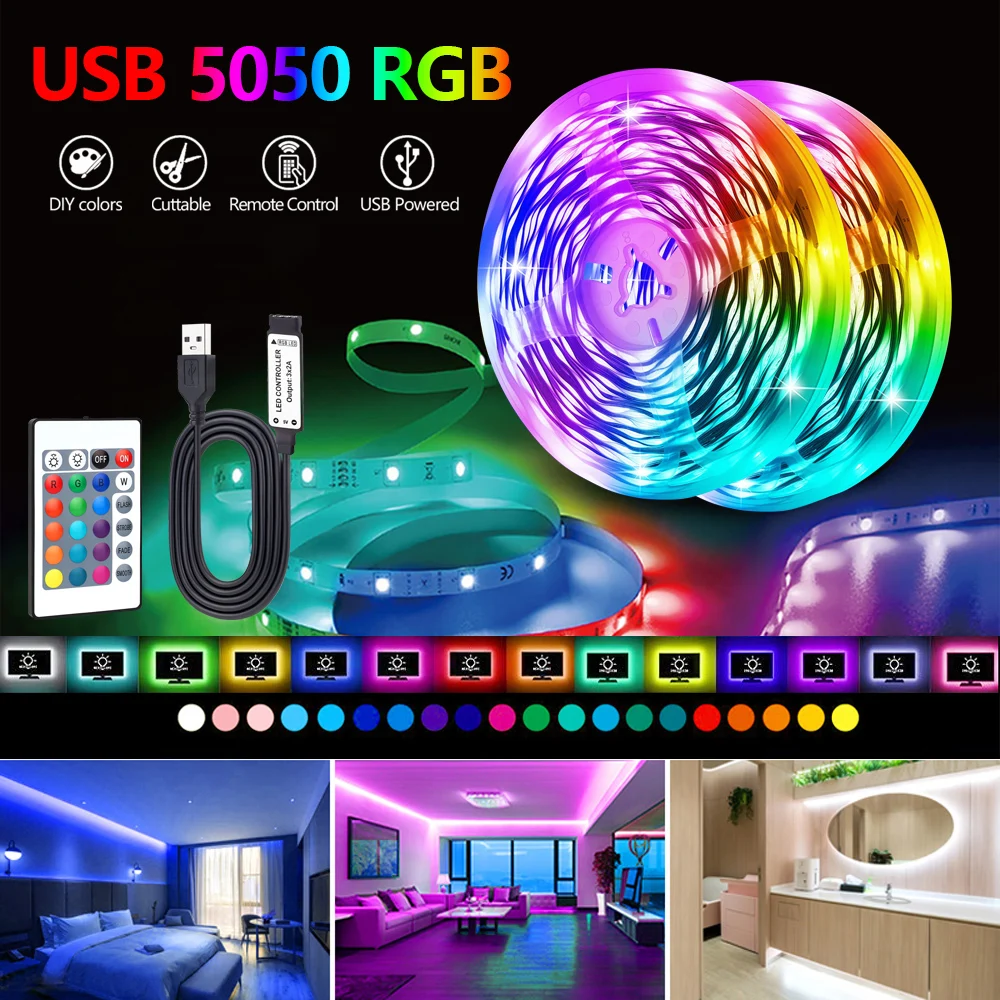 LED 스트립 조명, 24 키 리모컨, 5050SMD RGB 테이프, LED 램프, 벽 룸, 홈 침실 파티 장식, TV 백라이트, 1 m, 3 m, 5m