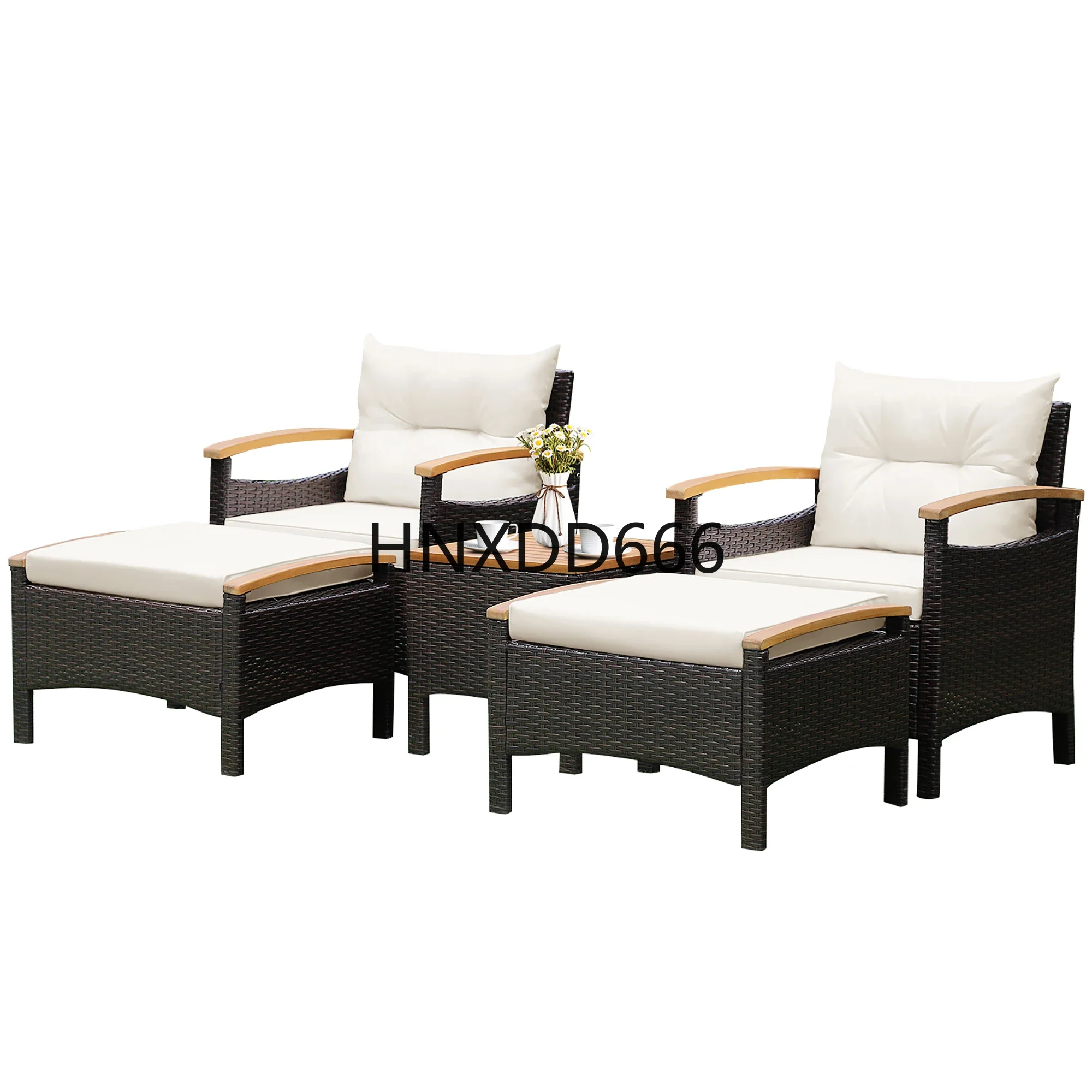5PCS Patio Rattan Furniture Set Sofa Ottoman Cushioned Table W/Wood Top