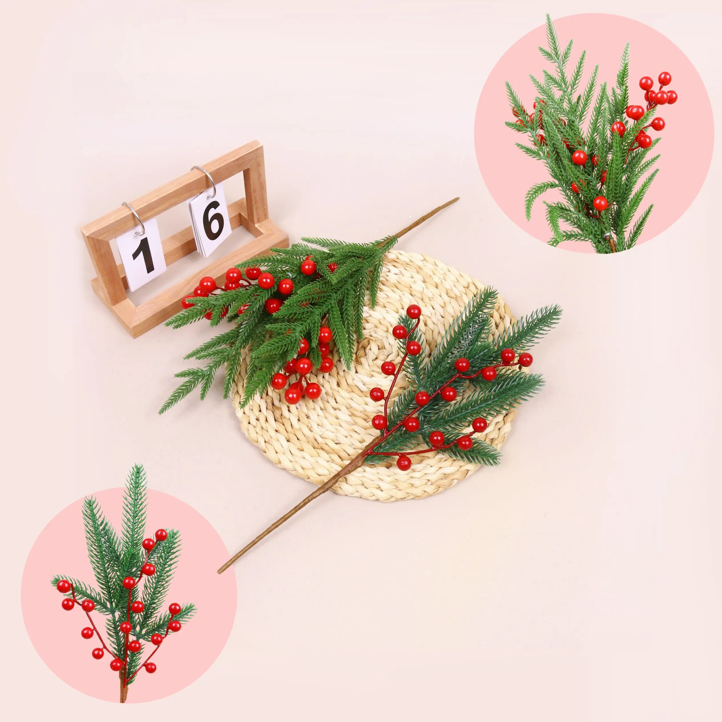 

Branches Vertes Artificielles Enrichies pour Arbre de Noël, Baies de Houx, Rouge, Couronne, Décoration Cadeau