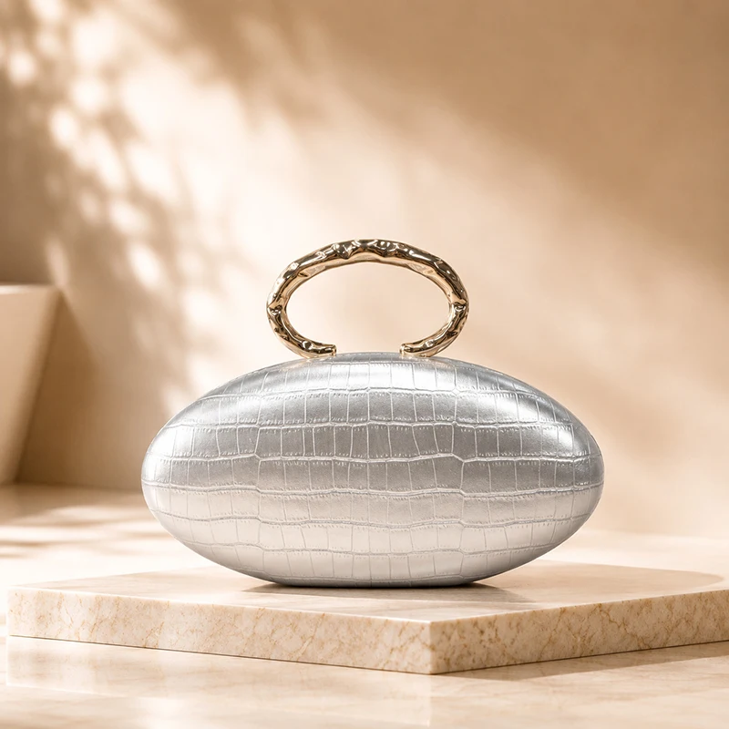  Eiförmige Handtasche mit Krokodil-Textur und Acryl-Griff, ovale Abendtasche mit Kettenriemen für Damen, luxuriöse Clutch für Hochzeiten und Partys. – Detail 27