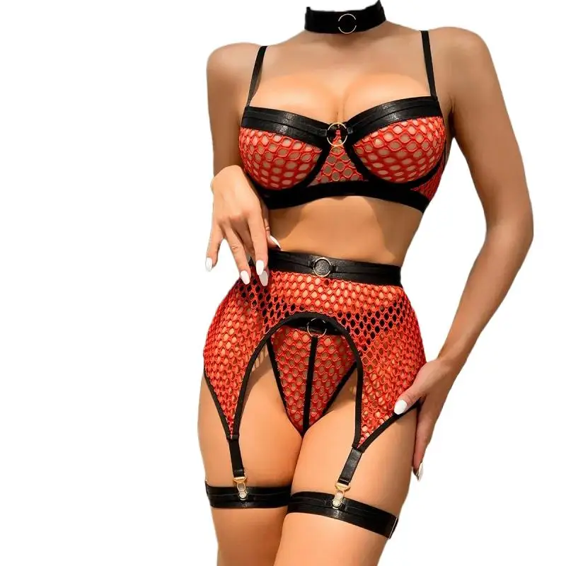 Bikini Fashion Sexy Lingerie Four Pieces Large Mesh Stitching with Steel Ring Halter Classic