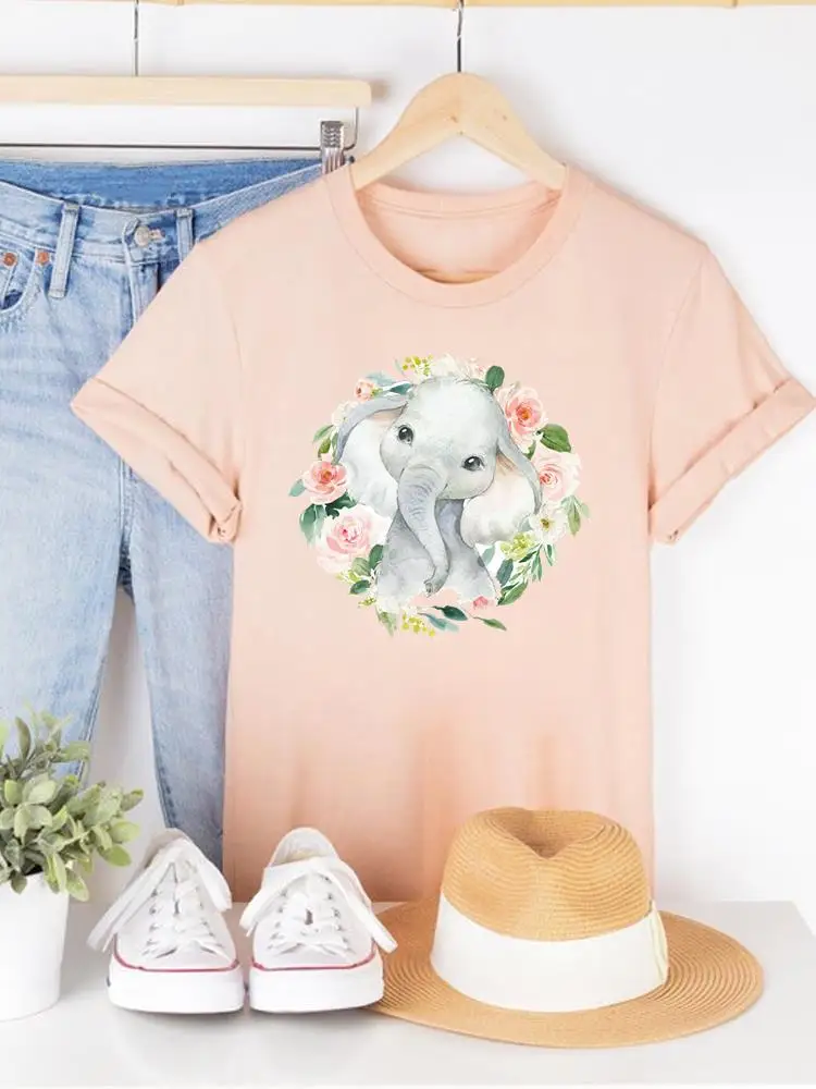 

Flower Style Trend Fashion Short Sleeve Casual T-shirts Clothes Women 90s Elephant Female Summer T Clothing Print Graphic Tee