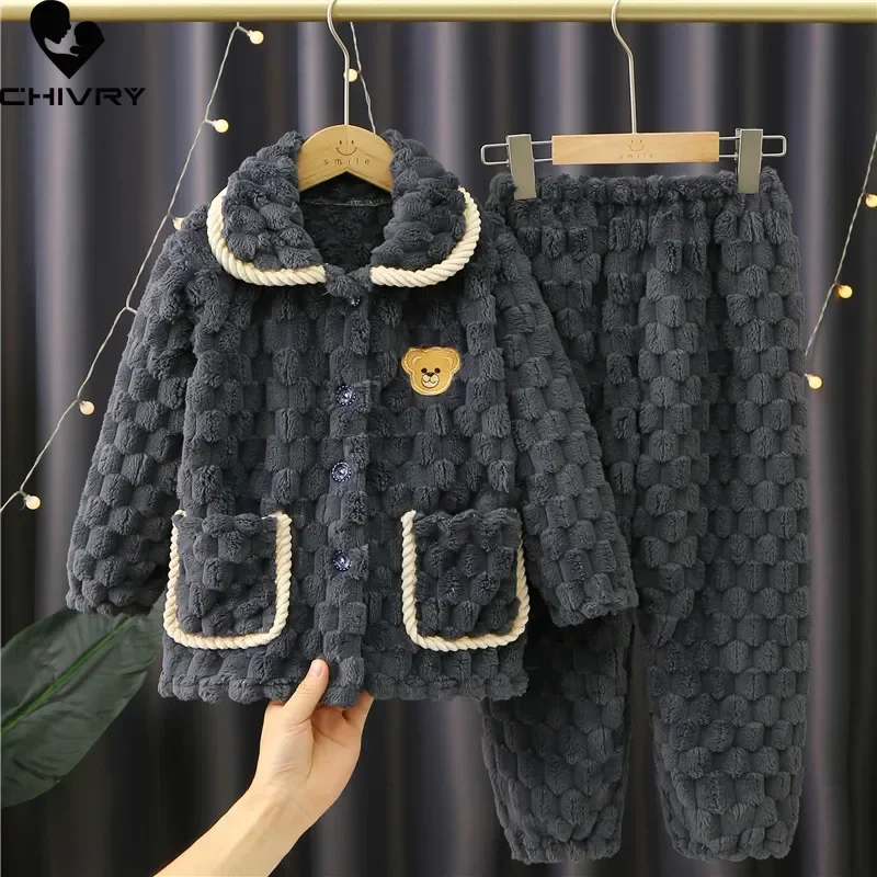 New Kids Boys Girls Autumn Winter Flannel Thicken Pajamas Baby Cartoon Bear Long Sleeve Lapel Sleeping Clothing Sets Pyjamas