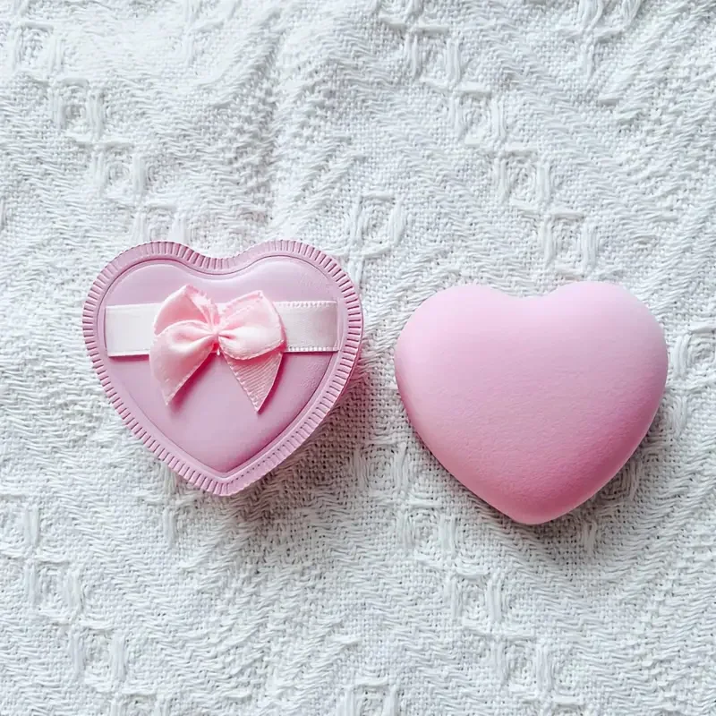 2pcs Heart-Shaped Makeup Sponges with Elastic Soft Bow Dual-Texture Use Dry Wet Cosmetic Puffs for Foundation & Liquid Makeup