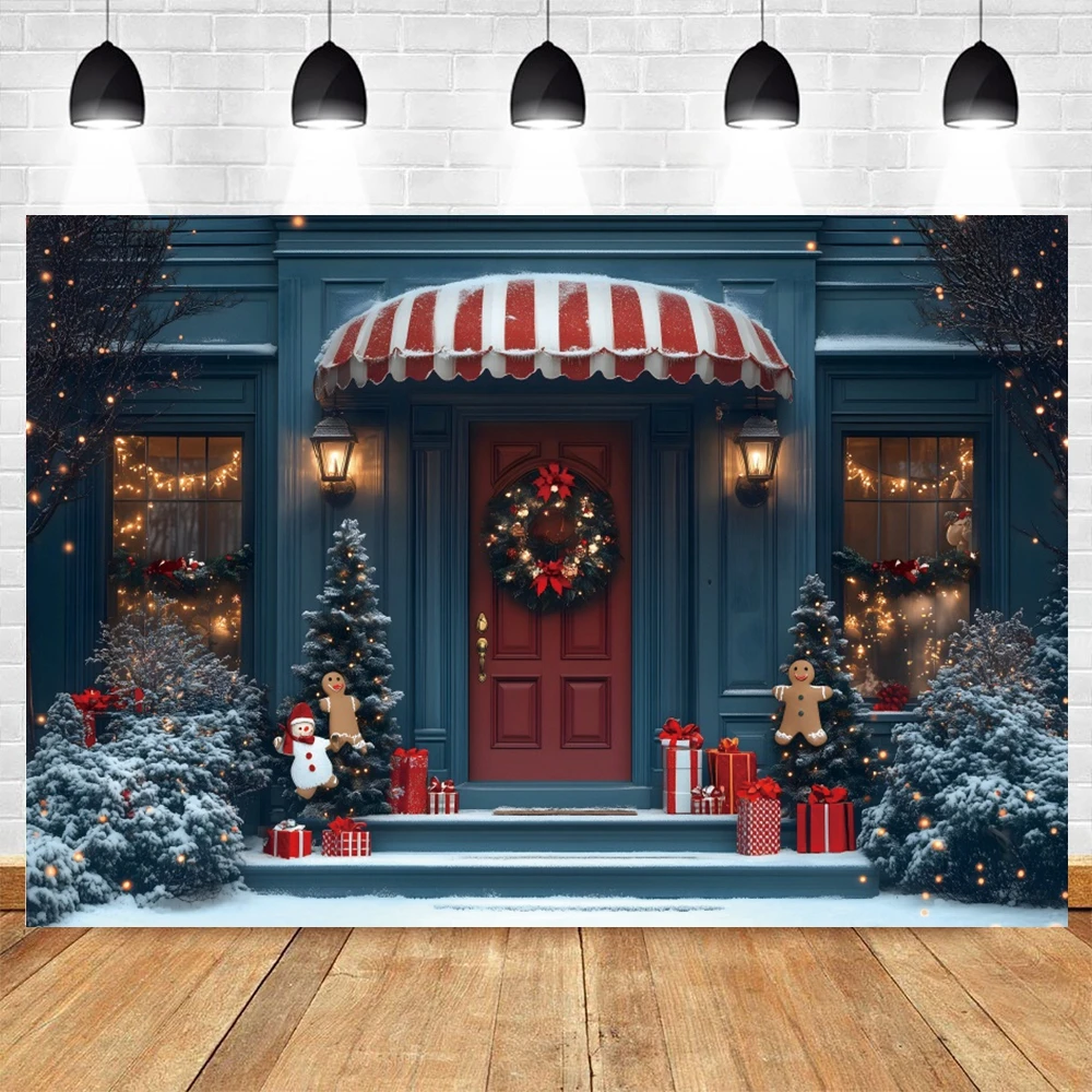 Зимний Рождественский фон для фотосъемки конфетного магазина, детский фон для вечеринки в канун Рождества, декор для вечеринки, рождественская елка, дверной венок, фотофон