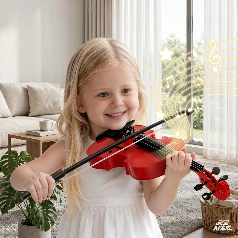 Kids Red Toy Violin, Flexible Strings with Rosin and Fingerboard Stickers for Music Role Play, Coordination and Gift Giving