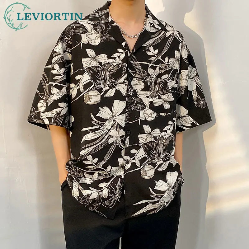 2023 Summer Fashionable Floral Print Shirt For Men Hip Hop Thin Ice Silk Short Sleeve Beach Tops Shirt Male Streetwear