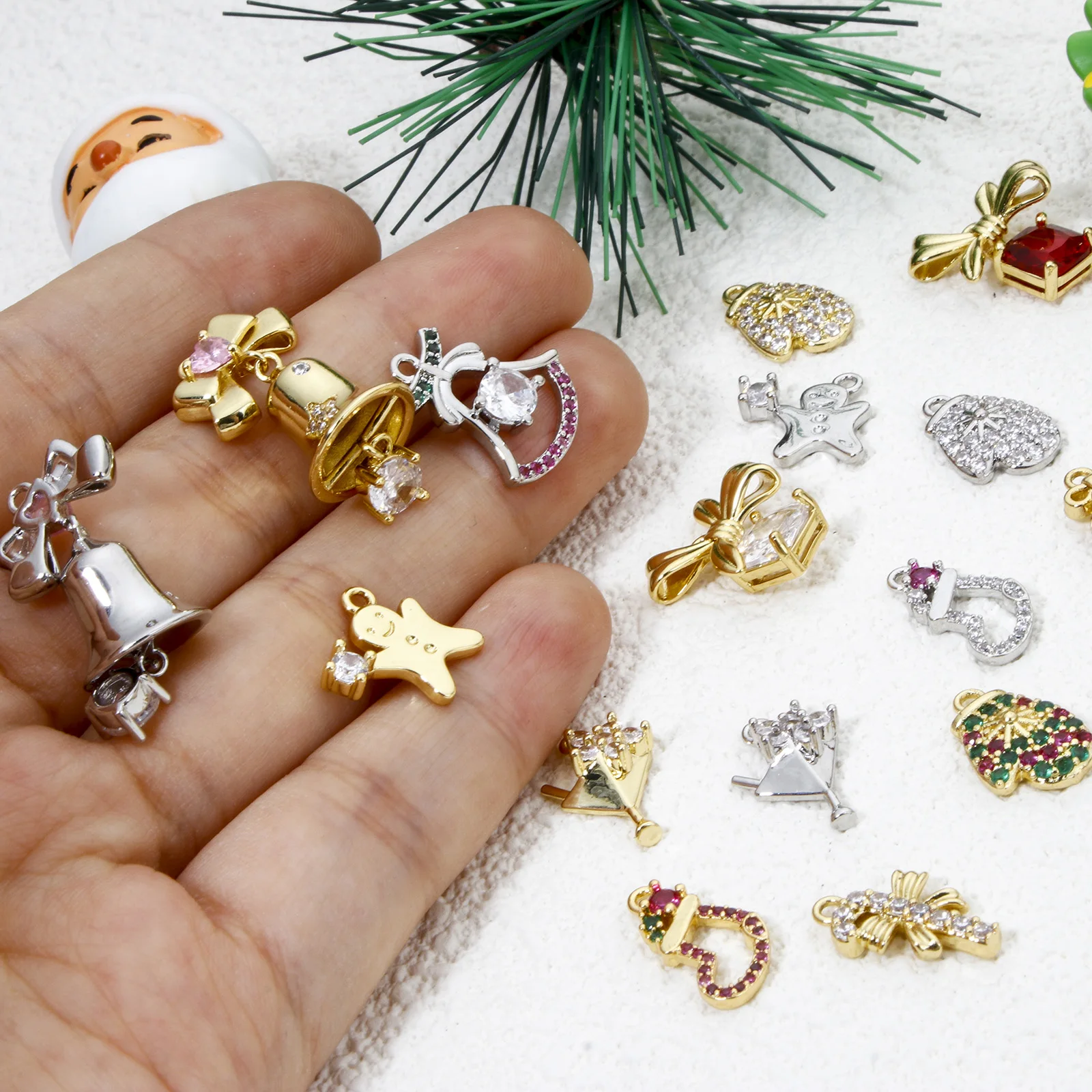 1pc New Brass Charms Christmas Gingerbread Man Gingle Bell Micro Pave Rhinestone Pendant For Jewelry Making Necklace Findings