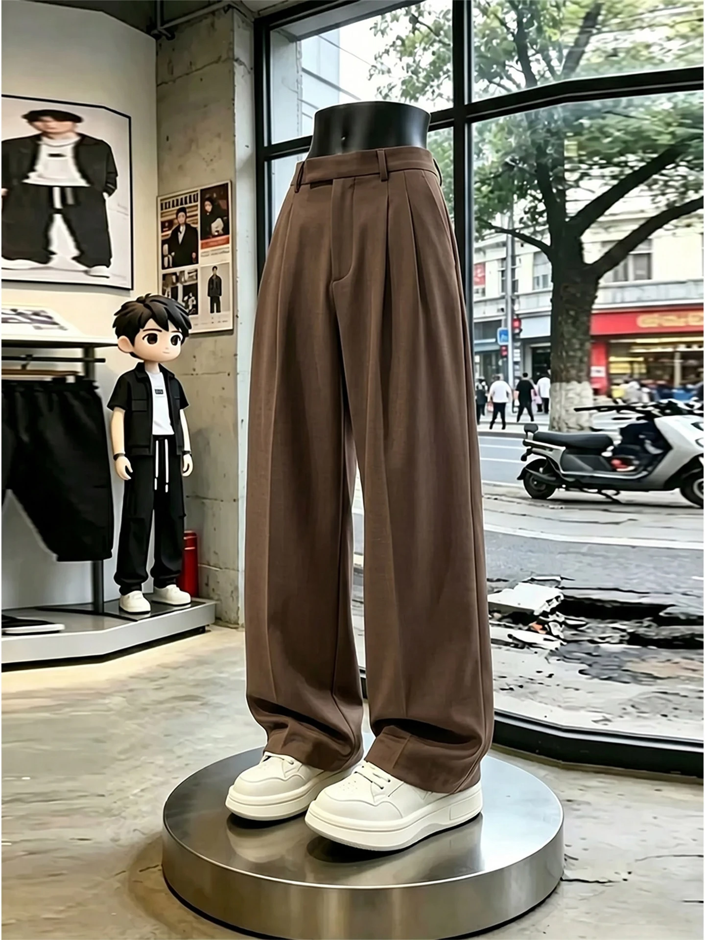 Elegant Brown Draped Wide Leg Pants Men's Loose Double Pleat High Waist Straight Cut Floor-Length Trousers Casual Fashion
