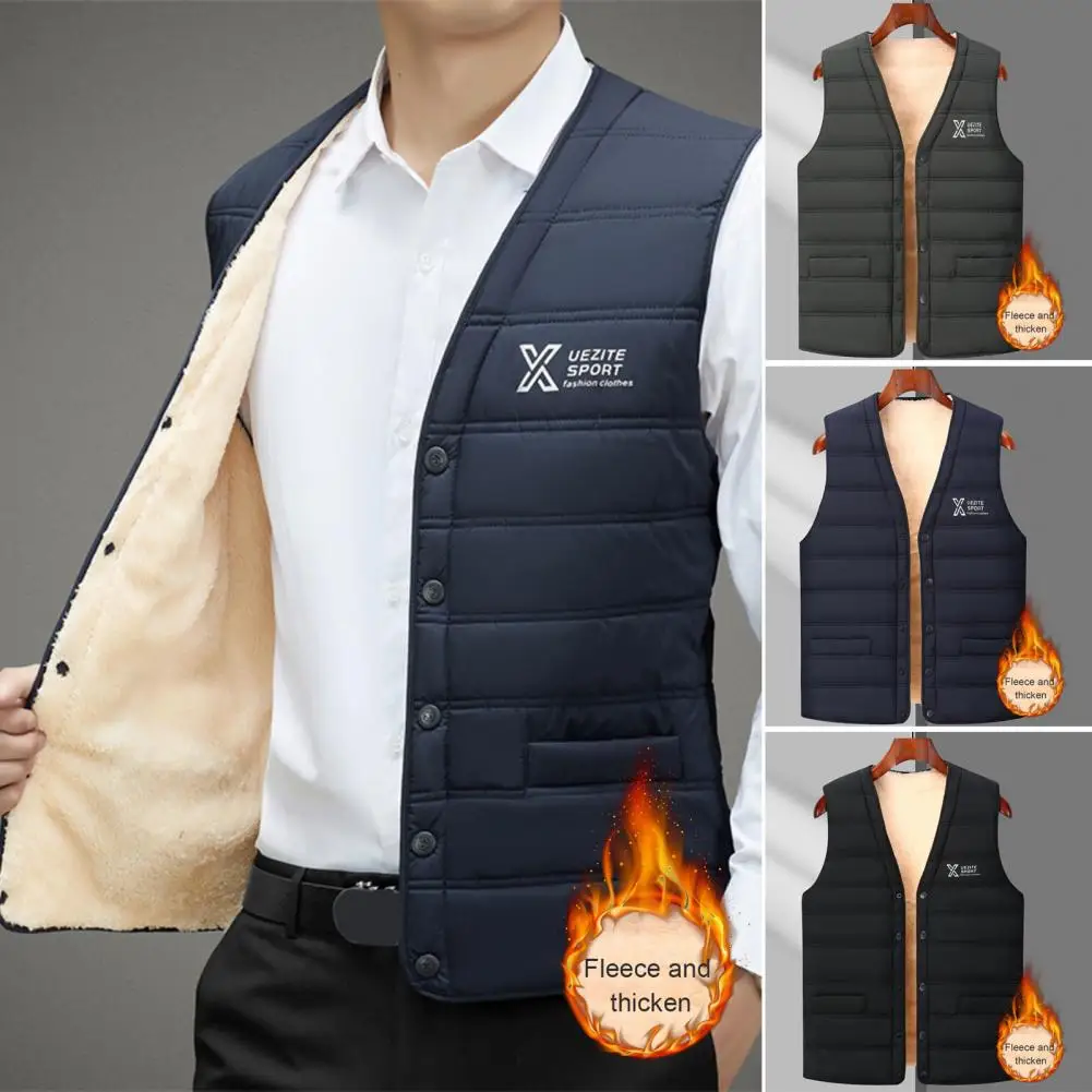 Sleeveless Vest Men's V-neck Thermal Waistcoat with Velvet Lining Windproof Cotton Vest Jacket for Warmth Style