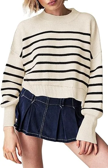 Womens Striped Mock Neck Cropped Sweater Top