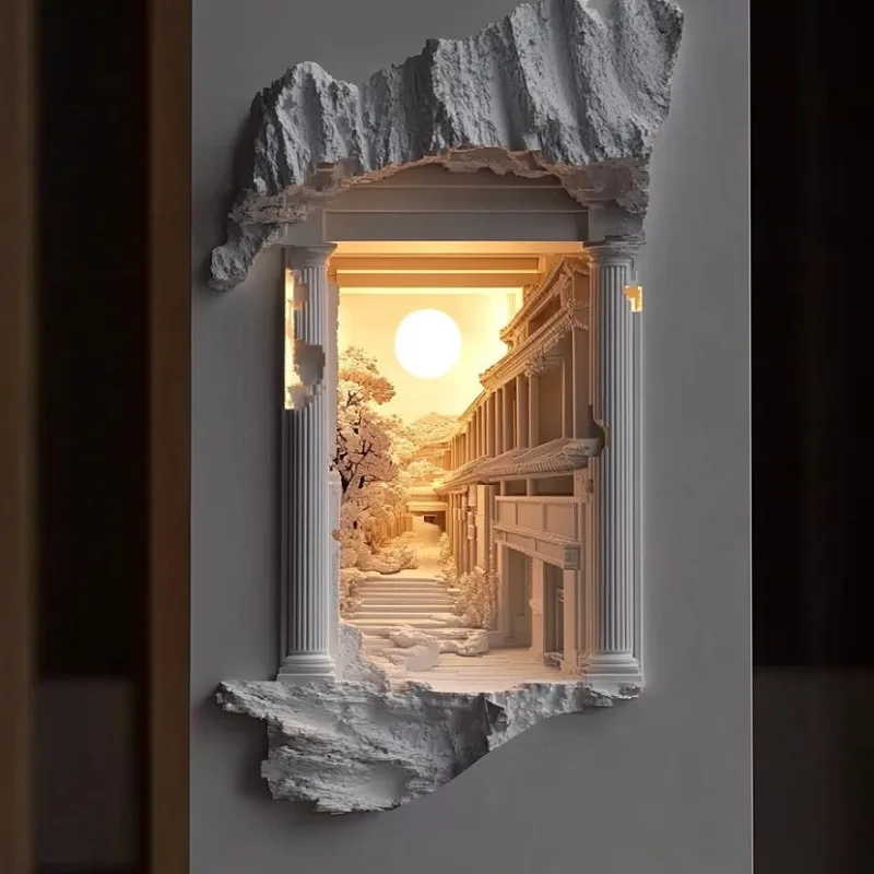 Creative Designer Embedded Niche Gypsum Induction Wall Lamps Embedded LED Sconces Sunset Ancient City Artistic Decor Ornaments