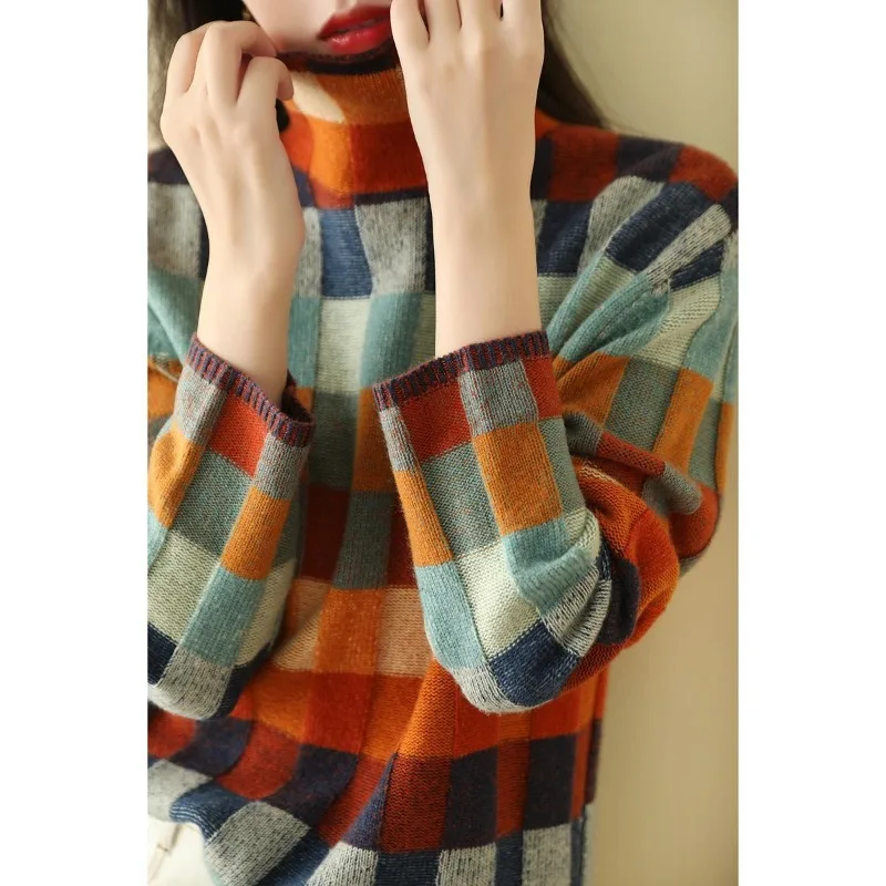 Women\'s Autumn Winter Fashion High Neck Pullover Colorful Plaid Panel Casual Versatile Long Sleeve Loose Sweater Knitted Tops